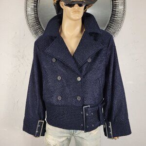 NWT~$238~WE WORE WHAT~M/L~NAVY WOOL PEA COAT JACKET COAT MOTO BELTED BUCKLES